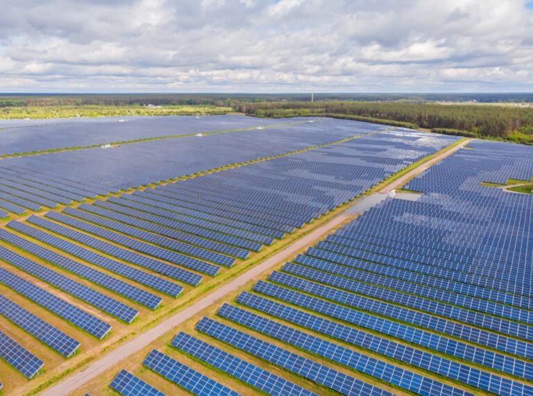 Vista aérea de las filas de paneles de una central solar fotovoltaica