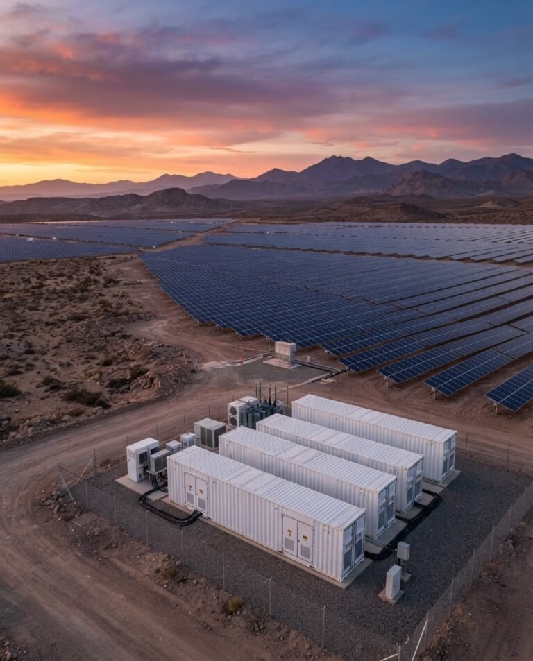 Planta solar con contenedores de baterías en el desierto, imagen ilustrativa