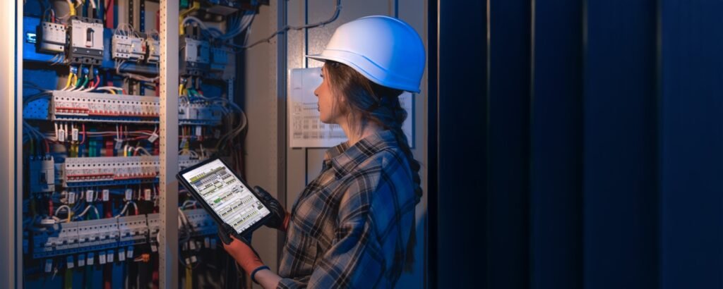 Técnica con casco revisa un tablero eléctrico industrial con una tableta