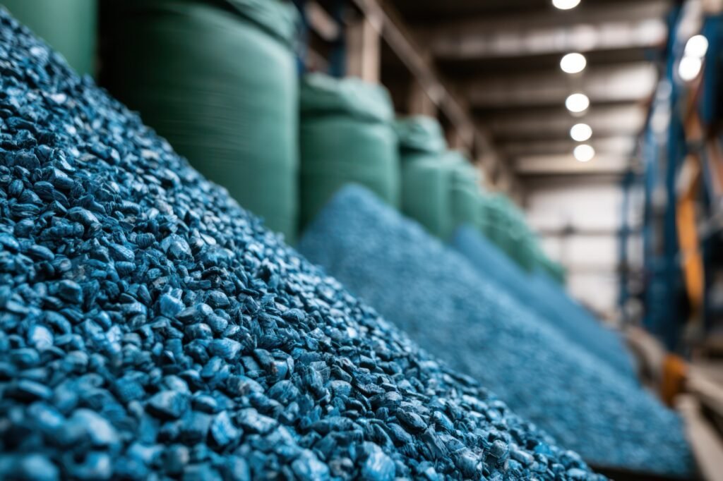 Pellets de plástico reciclado de varios colores sobre una superficie metálica