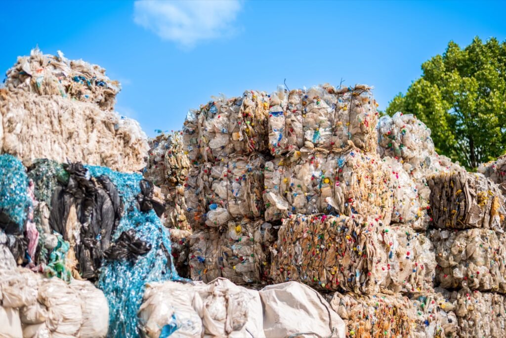 Fardos de residuos plásticos compactados junto a una instalación de reciclaje