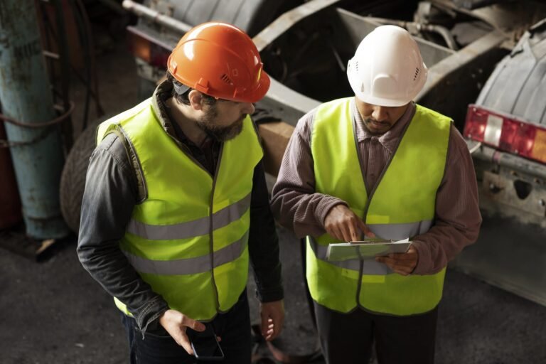Dos trabajadores con casco y chaleco reflectante revisan un registro en una tableta