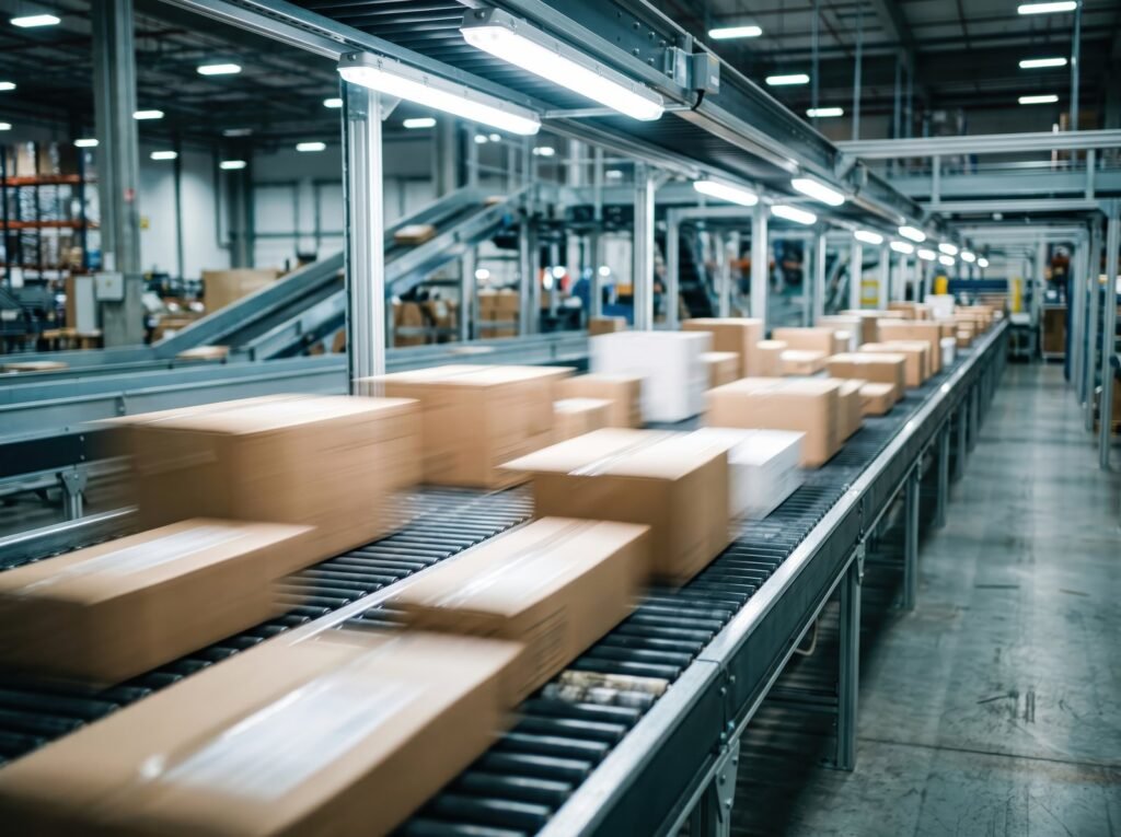 Cajas de cartón avanzan sobre transportadores de rodillos en un centro de distribución