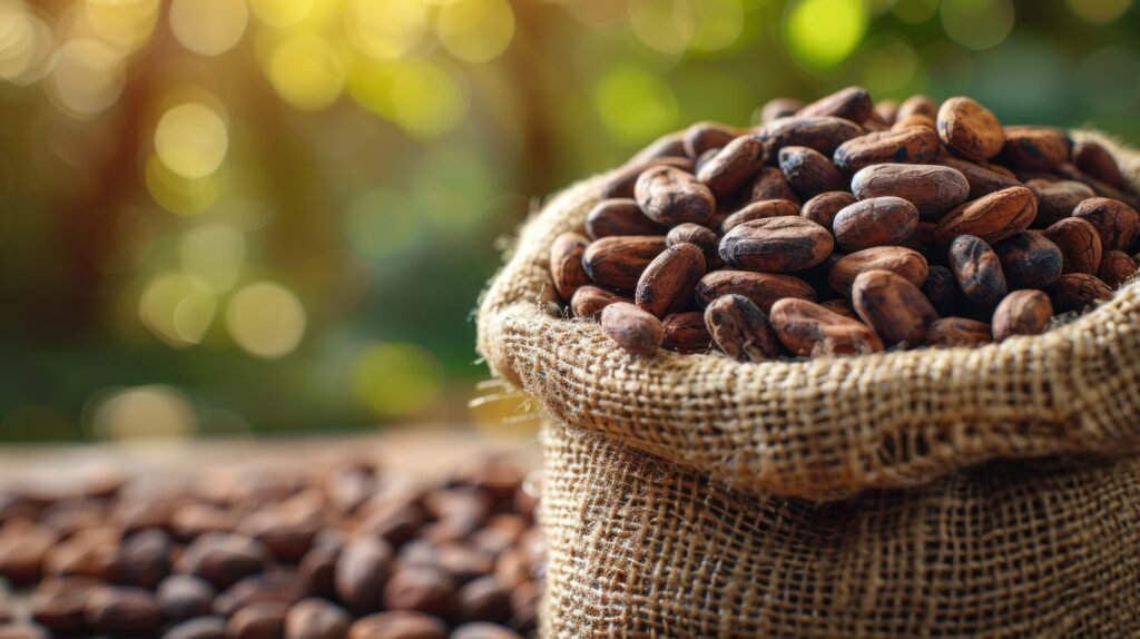 Granos de cacao secos en un saco de yute